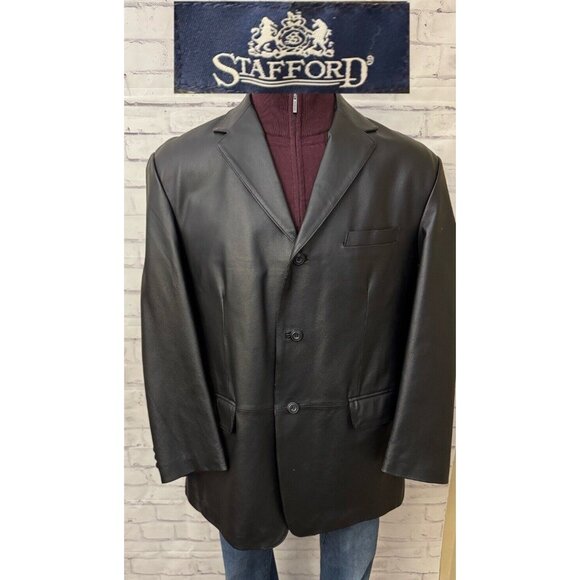 Stafford Black 100% Genuine Leather Blazer Sport Coat Mens XL 3 Button Preppy - Picture 1 of 16